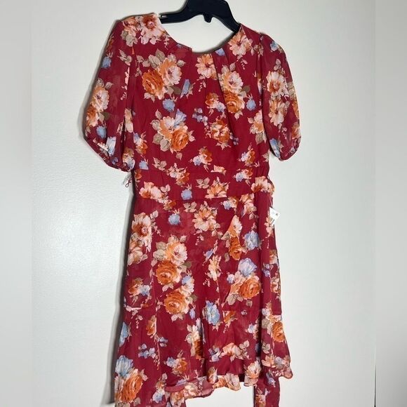 B DARLIN Juniors' Pleated-Neck Puff-Sleeve Dress Brick Multi New 9/10 - Picture 12 of 15